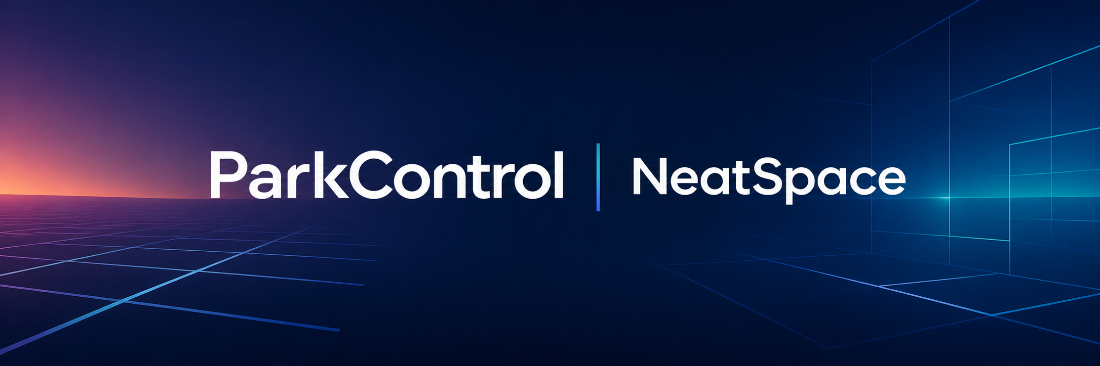 ParkControl | NeatSpace sobre un horizonte digital azul, con líneas de luz turquesa